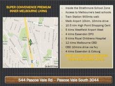 PASCOE VALE  Lot 1 544 PASCOE VALE ROAD Prime Location in Strathmore School Zone. A perfect opportunity in Strathmore School Zone for first home buyers, young couples to start a new life, or a great investment with loads of future potential. Minutes away to Melbourne CBD, Tullamarine freeways, Essendon DFO Shopping centre. Walking distance to train stations, school, transports, local amenities etc. Townhouse with 6 star energy rating. Upstairs: Master with BIR, en suite, 2 Additional bedrooms with BIR, all Carpeted, separate bathroom and toilet. Downstairs: Open plan kitchen with meals Area and separate living with study Nook. European Laundry with toilet and internal access to Garage. Approx 20 m2. Extra include: - premium quality fittings and fixtures with stainless steel appliances, dishwasher (Technika brand), Stainless steel down lights, timber floor coverings & square set finish. Braemar heating and cooling systems, alarms systems, ducted vacuum systems and much more. Plans available at request.  There is no better place to start your future - enquire now! Offers Invited. CONSTRUCTION WILL BE FINISHED JULY 2014. PRIVATE SALE  FOR FURTHER INFORMATION PLEASE CONTACT RICHARD ALI 0411 525 506 OR CHINTAN AMIN 0413 079 599  Inspection Times Saturday , May 17 4:00pm to 4:30pm