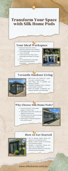 At SILKO HOME, we’re redefining backyard living with our stunning range of pods for homes in Melbourne. Our innovative backyard pods for sale are designed to seamlessly blend with your outdoor space, offering versatile solutions for a home office, creative studio, or relaxation zone. Crafted with premium materials and attention to detail, our pods are built to provide both functionality and style. Whether you're looking to enhance your workspace or create a serene escape, SILKO HOME delivers custom solutions that elevate your backyard into a modern retreat. Experience the perfect fusion of design and utility with our exceptional pods.