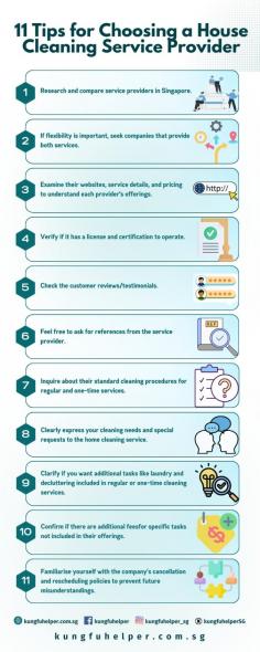  Finding the perfect cleaning company in Singapore can be difficult. Selecting a provider that fits your needs is crucial, regardless of whether you're searching for deep cleaning, routine cleaning, or specialty services. Here are some essential pointers to assist you in choosing house cleaning services in Singapore . Explore Home Cleaning Tips and Hacks to Beat Singapore’s Heat and Humidity 