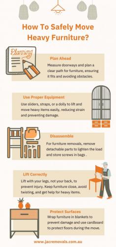  How to Safely Move Heavy Furniture? When handling furniture removals, safety is key. Use moving straps, dollies, and sliders to reduce strain and make the process easier. Always lift with your legs, not your back, and keep the furniture close to your body for better control. Disassemble pieces if possible, and protect furniture with blankets or pads to prevent damage. Clear obstacles from your path and ask for assistance to ensure a smooth, safe move. visit :  https://jacremovals.com.au/furniture-removal/ 