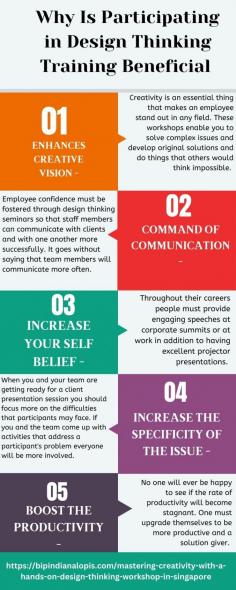  Why Is Participating in Design Thinking Training Beneficial -  If you want to stay in the business world for a long time, you have to be creative. It is commonly seen that employees and business owners feel stuck when it comes to problem-solving sessions related to their jobs. Obviously, they need a quick approach to get rid of it so they can get back to work without any issues. Participants are required to participate in the Design Thinking Workshop Singapore , which consists of activities-focused, creative problem-solving exercises. Source: https://bipindianalopis.com/mastering-creativity-with-a-hands-on-design-thinking-workshop-in-singapore 