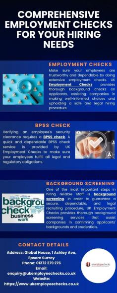  Reliable Employment Checks for Confident Hiring   Employment checks  are essential for confirming the credentials and background of an applicant. With the help of comprehensive employment checks from UK Employment Checks, companies can make safe, well-informed recruiting decisions that uphold legal requirements and foster a reliable team. 