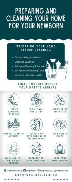  Bringing a newborn into your home is an exciting and life-changing experience! Prior to your baby's arrival, it is essential to establish a safe, clean, and inviting environment. Consider hiring professional help from a trusted cleaning company that offers house cleaning services in Singapore to handle the heavy-duty cleaning tasks. These experts can ensure that every corner of your home is meticulously sanitized using baby-safe, eco-friendly products, allowing you to concentrate on the joy of expanding your family. Source https://kungfuhelper.com.sg/blog/cleaning-and-preparing-your-home-for-your-newborns-arrival/   Read more about Safe House Cleaning Tips for Expecting Mums 