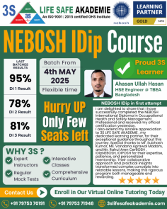  At 3S Lifesafe Akademie , we proudly offer the globally recognized NEBOSH International Diploma (IDip) , tailored to empower safety professionals in achieving excellence in health and safety management. Our expert-led training program is designed to help learners master advanced principles of occupational health, safety, and environmental management, equipping them to excel in leadership roles across industries. 
 Key features of our NEBOSH IDip program include: 
 
 
 Comprehensive Curriculum : Covering advanced risk management, HSE legislation, and strategies to manage workplace hazards effectively. 
 
 
 Expert Guidance : Learn from certified tutors with years of industry experience. 
 
 
 Flexible Learning Options : Access online and in-class sessions to suit your schedule. 
 
 
 Career Advancement : Gain the knowledge and qualifications to unlock opportunities in global safety management roles. 
 
 
 Start your journey toward becoming an industry leader in occupational safety with 3S Lifesafe Akademie . Enroll today and redefine your career potential! 