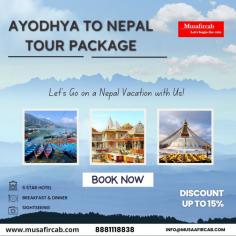  Start your spiritual journey in Ayodhya, the revered birthplace of
Lord Ram, and venture through the serene, culturally enriched landscapes of
Nepal, a land filled with ancient temples and stunning natural beauty Musafircab presents an exclusive Ayodhya to Nepal Tour Package ,
carefully crafted to blend religious devotion, breathtaking nature, and vibrant
cultural experiences. 