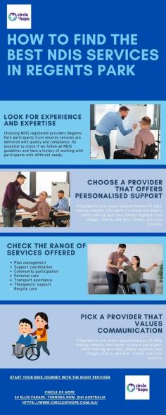 Not sure how to find the best NDIS Providers in Regents Park ? This easy-to-follow infographic breaks it down—from evaluating provider experience to understanding service offerings like personal care and therapy. Circle of Hope created this guide to help individuals and families get the support they deserve. Make your NDIS choices with clarity and confidence. 