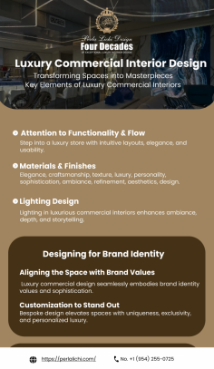  Key Elements of Luxury
Commercial Interiors 

 Attention
to Functionality & Flow: Step into a luxury store with intuitive layouts, elegance, and usability. 

   

 Materials
& Finishes: The Finer Details: Elegance, craftsmanship, texture, luxury, personality, sophistication,
ambiance, refinement, aesthetics, design. 

   

 Lighting
Design: Setting the Mood : Lighting in luxurious
commercial interiors enhances ambiance, depth, and storytelling. 

   

 Designing
for Brand Identity 

   

 Aligning
the Space with Brand Values: Luxury commercial design seamlessly embodies brand identity values and
sophistication. 

   

 Customization
to Stand Out: Bespoke design
elevates spaces with uniqueness, exclusivity, and personalized luxury. 

   

 Mobile No. +1 (954) 255-0725 

 Website
- 
 https://perlalichi.com/ 