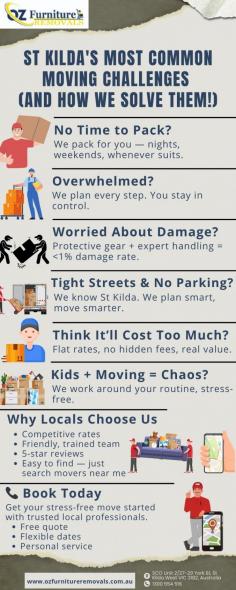  St Kilda's Most Common Moving Challenges (and How We Solve Them!) Relocating St Kilda? You're not the only one- and you're not without help. Discover how our expert team deals with the most common relocation obstacles faced by family members and specialists in the location. From packing when you've got no time to navigating tight laneways and staying clear of pricey shocks, we have developed a system that makes moving smooth, quick, and affordable. As a trusted removalist in St Kilda , we provide adaptable scheduling, professional handling of vulnerable items, and transparent pricing without surprise fees. Whether you have a busy work life, children, or a tight budget plan, we've got a solution to match. Search for movers near me and allow us to do the heavy lifting. Worry-free moving isn't simply possible- it's what we do daily. Contact us for your free quote today! 