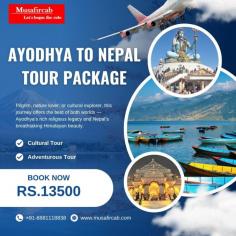 Embark on a soulful journey with our exclusive Ayodhya to
Nepal Tour Package, specially designed for travelers seeking spiritual
enrichment and Himalayan adventure. Begin your trip from the sacred city of
Ayodhya, the birthplace of Lord Ram, and explore its iconic cultural landmarks.
From Ayodhya, travel through picturesque routes to the enchanting landscapes of
Nepal. Discover the mesmerizing charm of Pokhara, Kathmandu, and Lumbini. Our
Ayodhya to Nepal tour package includes deluxe hotel stays, private AC vehicle
transfers, daily meals (breakfast & dinner), and full sightseeing of all
major attractions. Whether you're a pilgrim, nature lover, or cultural
explorer, this journey offers the best of both worlds — Ayodhya’s rich
religious legacy and Nepal’s breathtaking Himalayan beauty. For more
information, call us at +91-8881118838. 