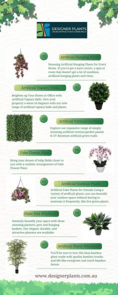  Create aesthetically pleasing interiors using artificial plants and green walls from Designer Plants. Our extensive range of fake plants and green walls instantly give your interior a stunning makeover. Our Artificial Plants are made using the finest quality materials and last for a long time. Their charm doesn't fade even when they’re constantly exposed to direct sunlight. 