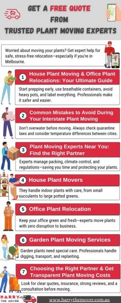  Get a Free Quote from Trusted Plant Moving Experts Looking to move your favourite plants safely? Whether it's a few cherished interior pots or a complete garden configuration, our reliable plant moving professionals ensure your plant gets the treatment it is entitled to. From homes to offices, we manage every aspect- packaging, transport, environment control, and even interstate policies- so your plants show up healthy and balanced and prepared to flourish. We comprehend that plants aren't simply decorations; they're living buddies. We provide tailor-made solutions for household, business, and garden plant relocation services . With clear rates, insurance policy choices, and years of experience, our Melbourne-based plant moving companies are the excellent choice for worry-free relocation. Don't take the chance of destroying your plants with do-it-yourself methods- obtain a free quote from regional professionals today and relocate with self-confidence. 